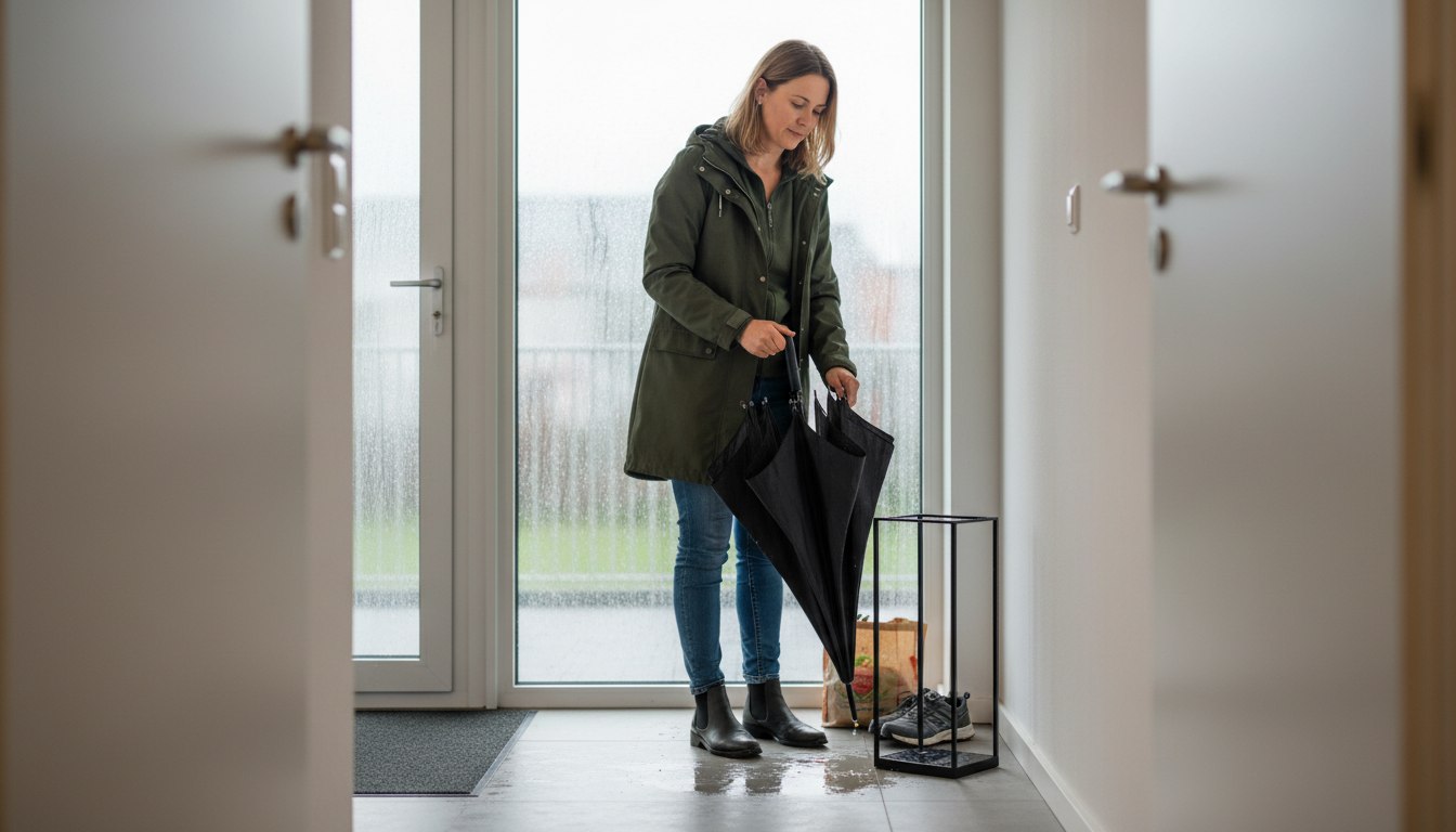 Der größte Feind des Regenschirms wartet direkt hinter der Haustür