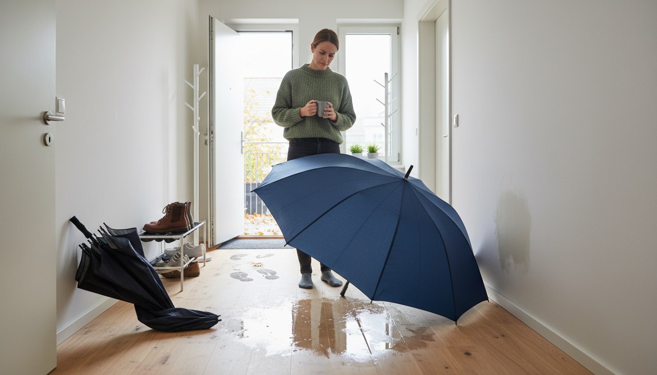 Der Flur wird zur Stolperfalle: Warum wir nasse Regenschirme oft falsch trocknen