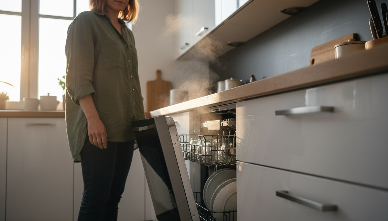 Warum das weite Öffnen der Spülmaschine nach dem Programm das Ende für die Arbeitsplatte bedeuten kann